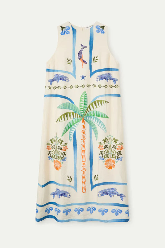 Sleeveless dress with tropical design on a white background