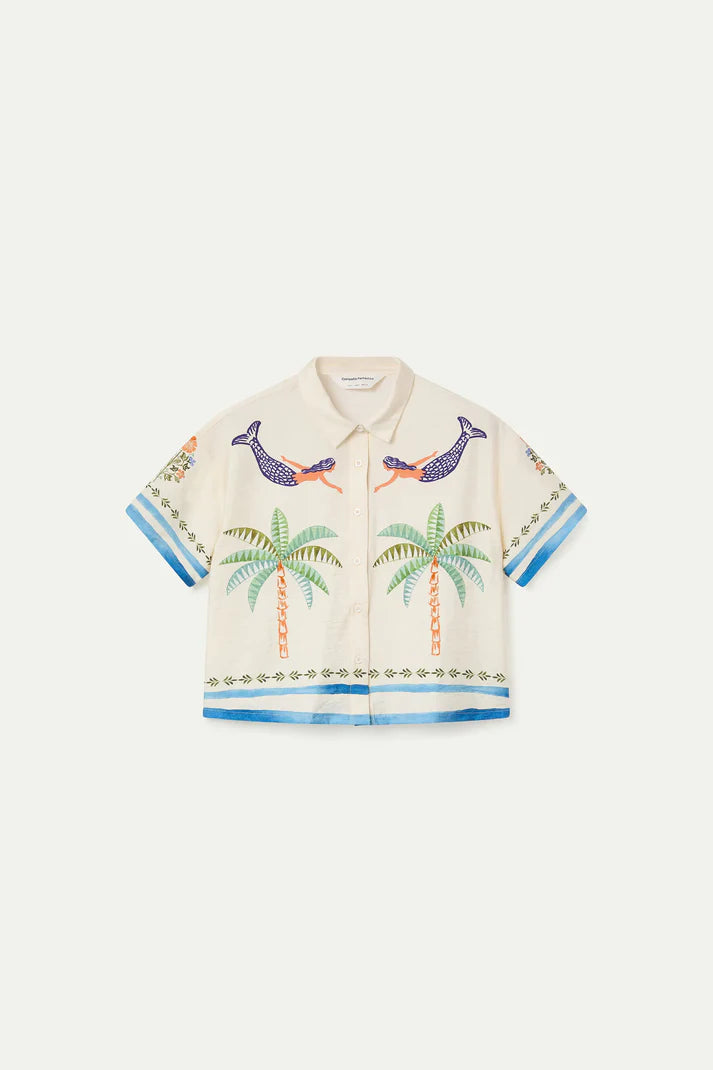 shirt with mermaids and palm trees on white background