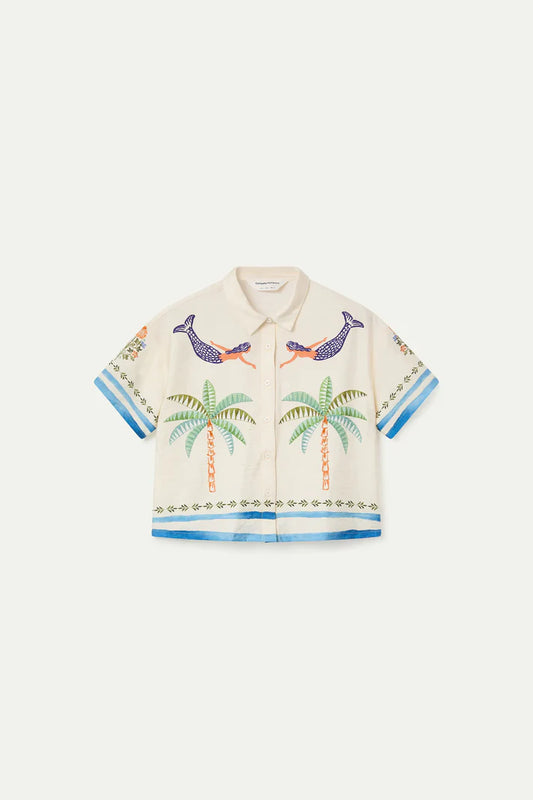 shirt with mermaids and palm trees on white background