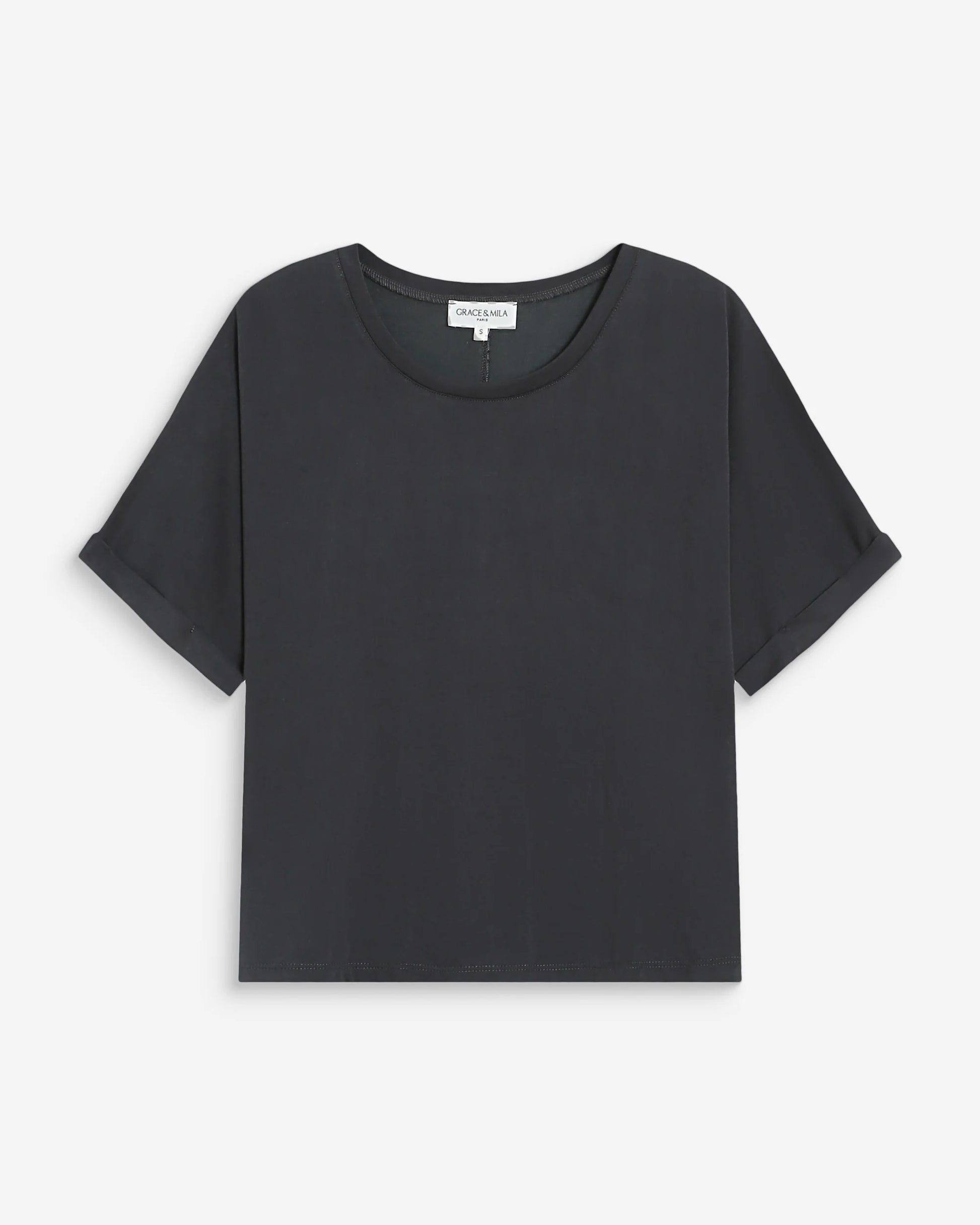 Black t-shirt on a light gray background