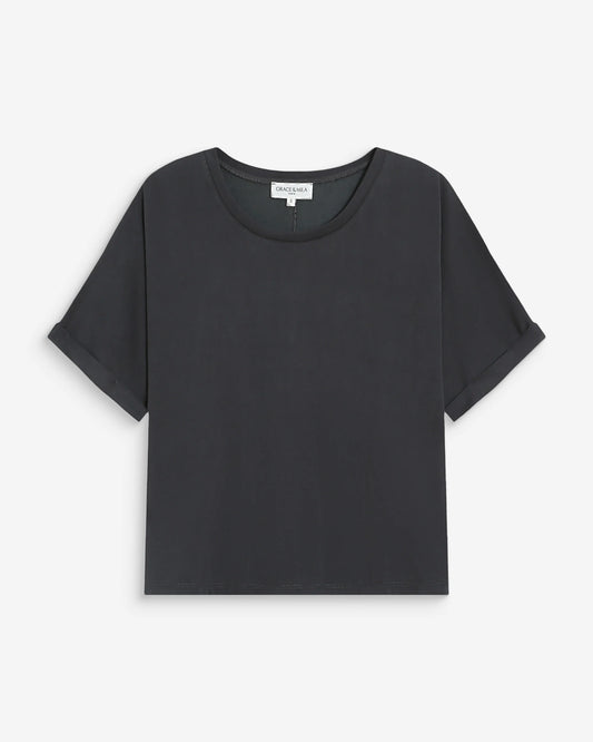 Black t-shirt on a light gray background