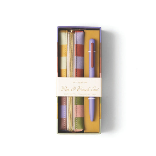 Packaged pen and pencil set with pastel colors on a white background