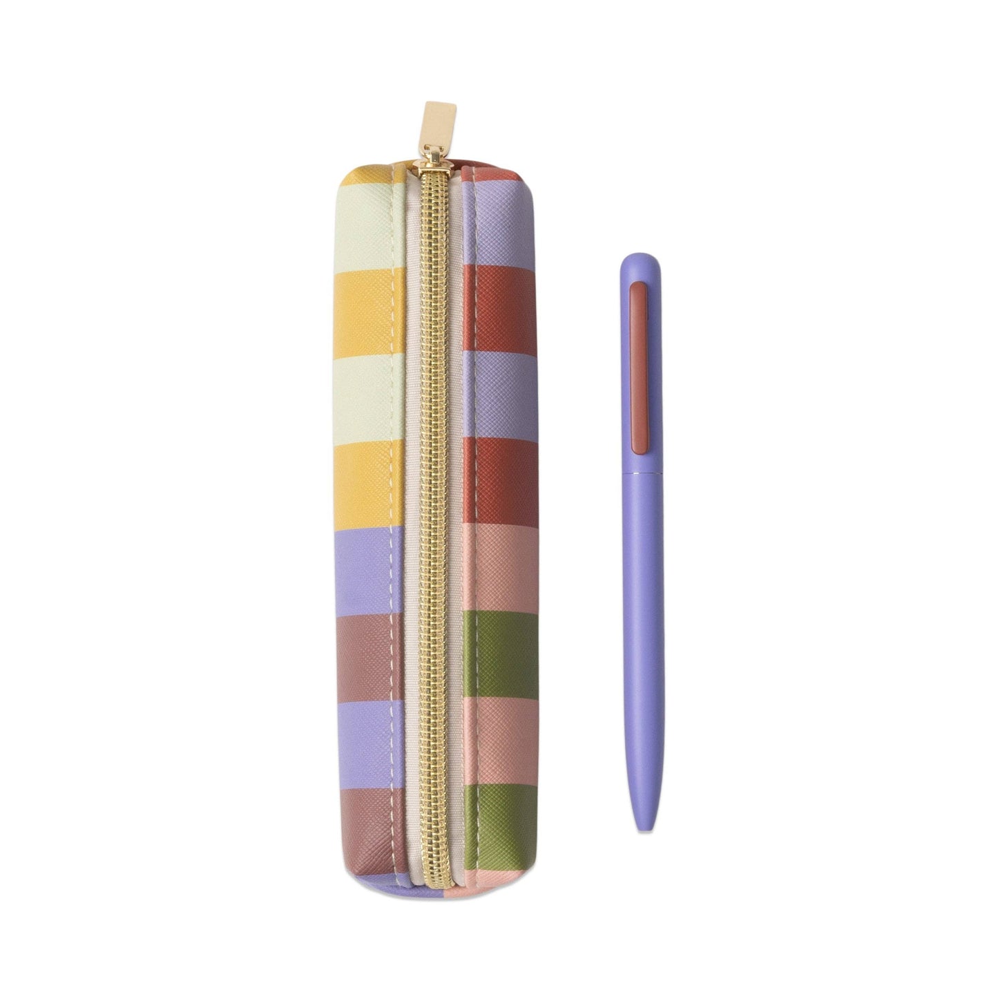 Colorful striped pencil case with a purple pen on a white background
