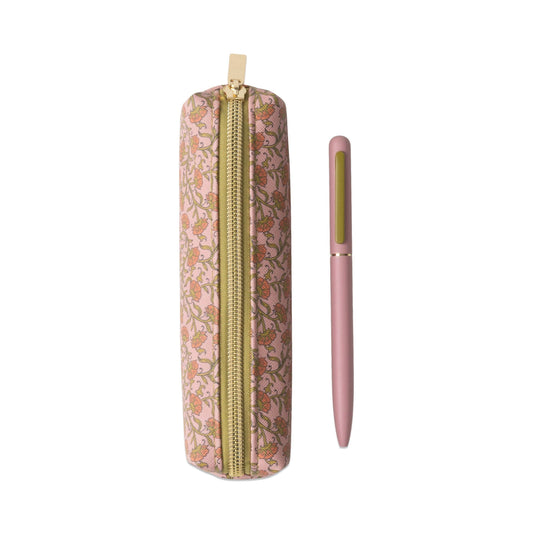 Floral-patterned pencil case with a matching pen on a white background