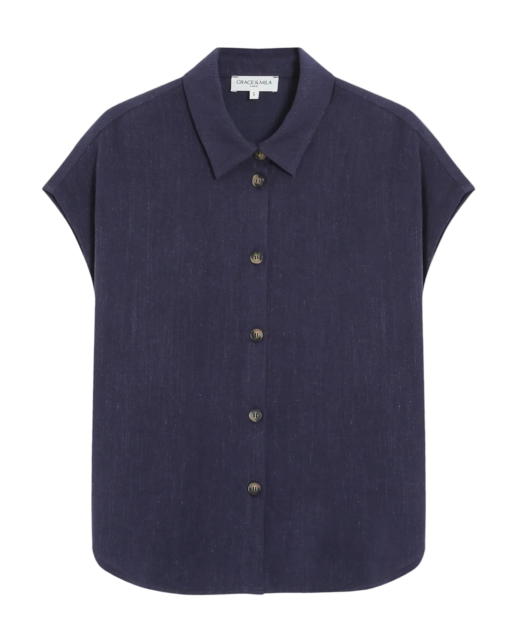 Navy sleeveless button-up shirt on a light gray background