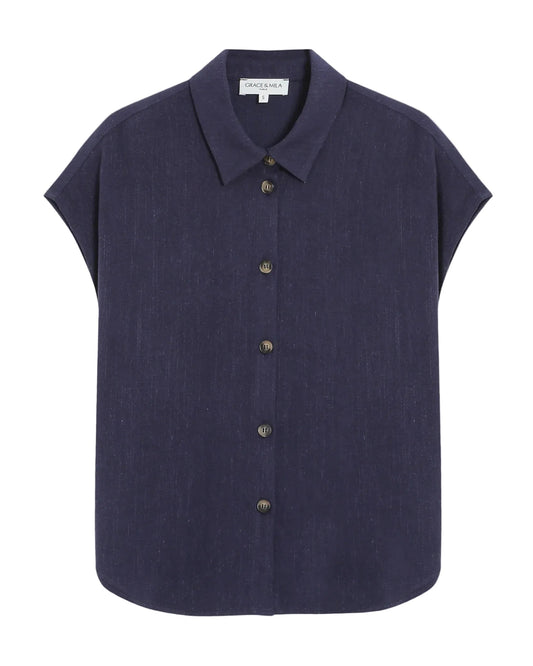 Navy sleeveless button-up shirt on a light gray background