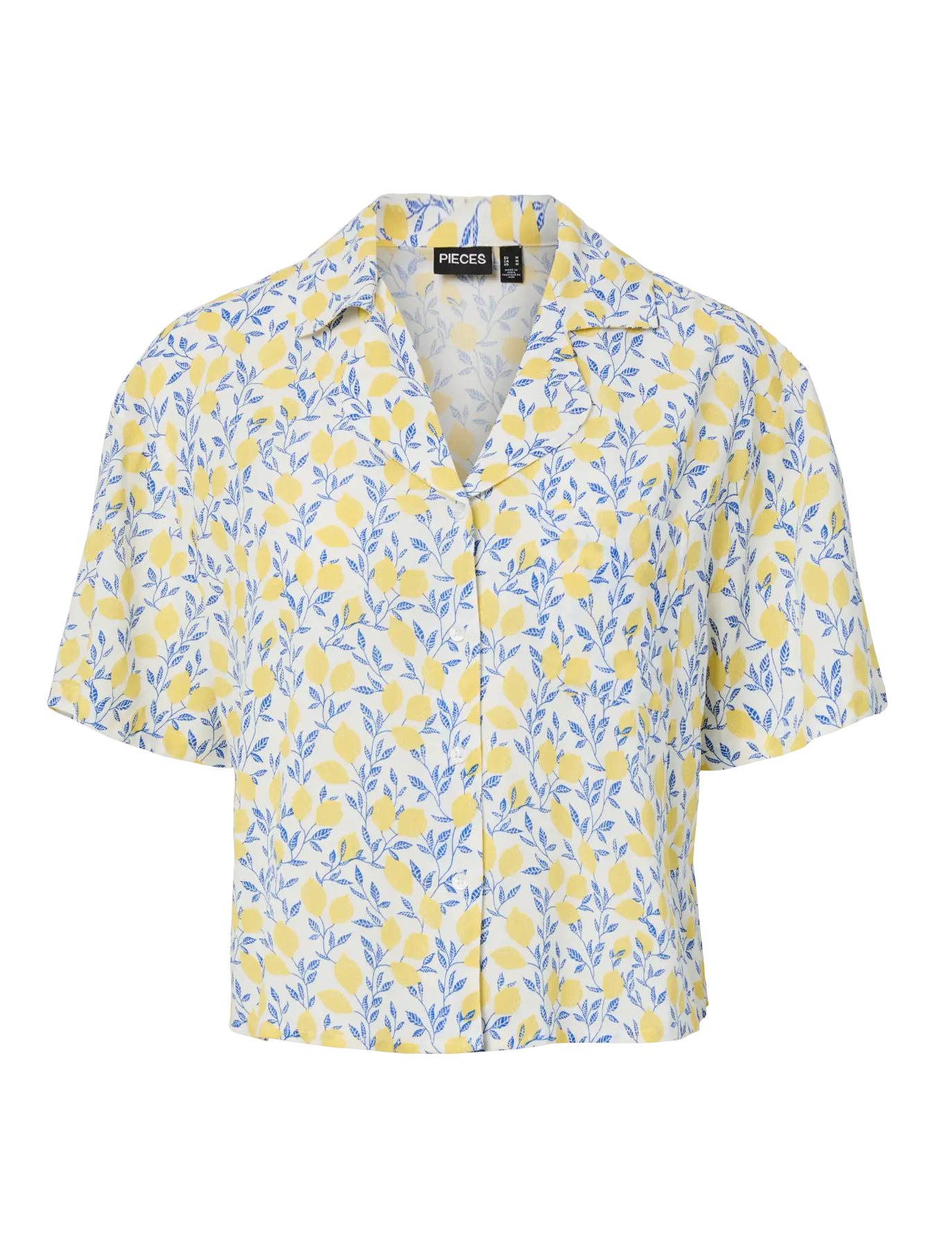 Yellow and blue floral patterned shirt on a white background