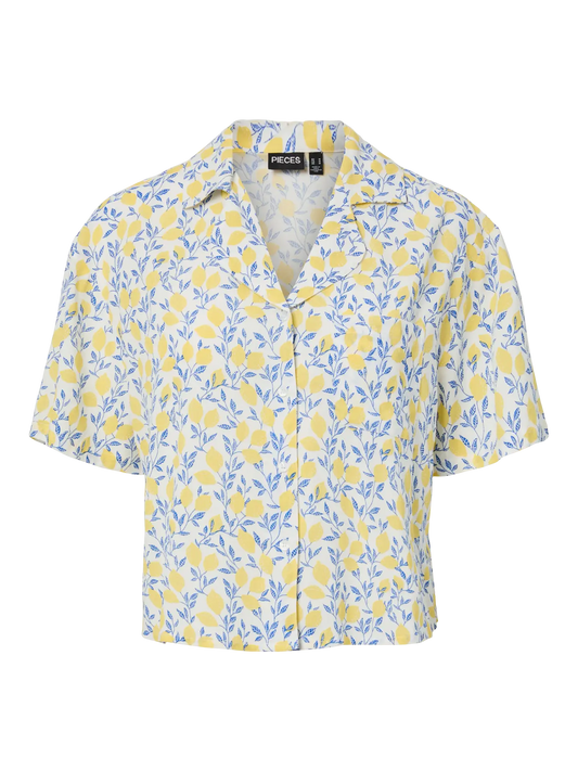 Yellow and blue floral patterned shirt on a white background