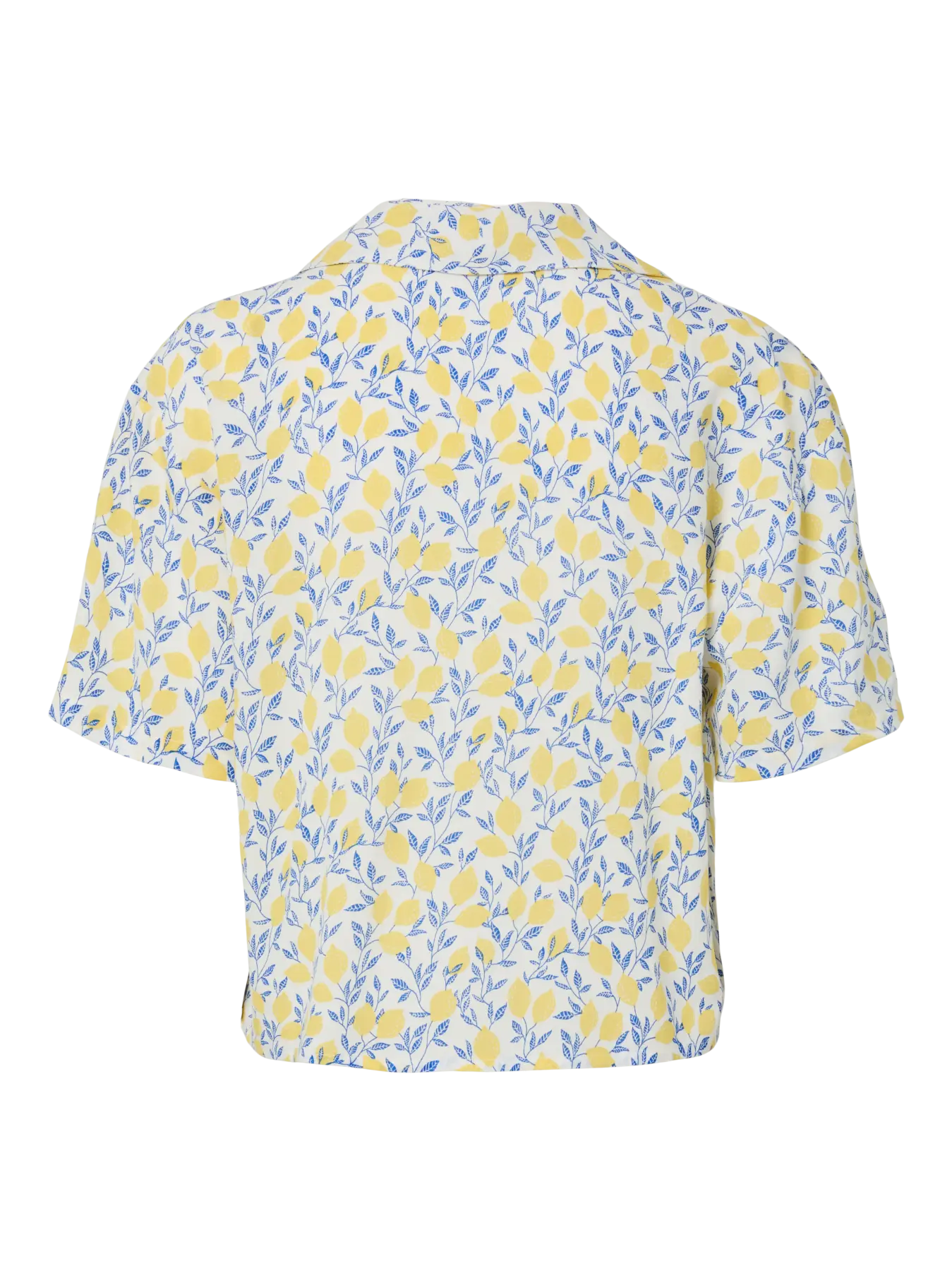 Floral patterned shirt with yellow and blue flowers on a white background