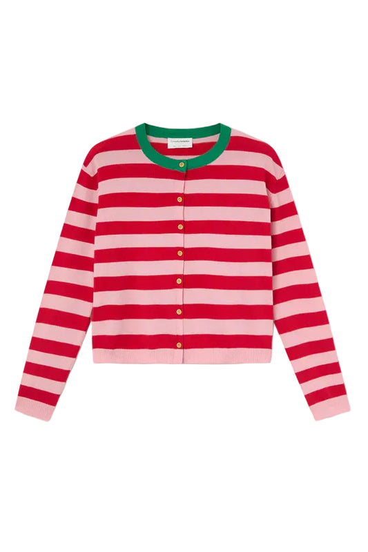 Red and pink striped cardigan on a light gray background