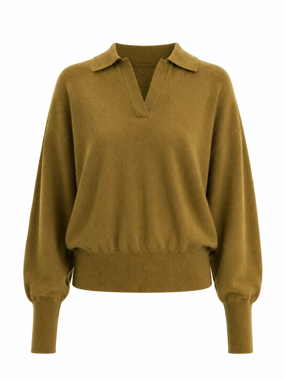 A single knit pullover sweater in a muted mustard-olive or ochre yellow-green color, featuring a short notched collar, long balloon sleeves, and a ribbed hem and cuffs, shown on a plain white background.