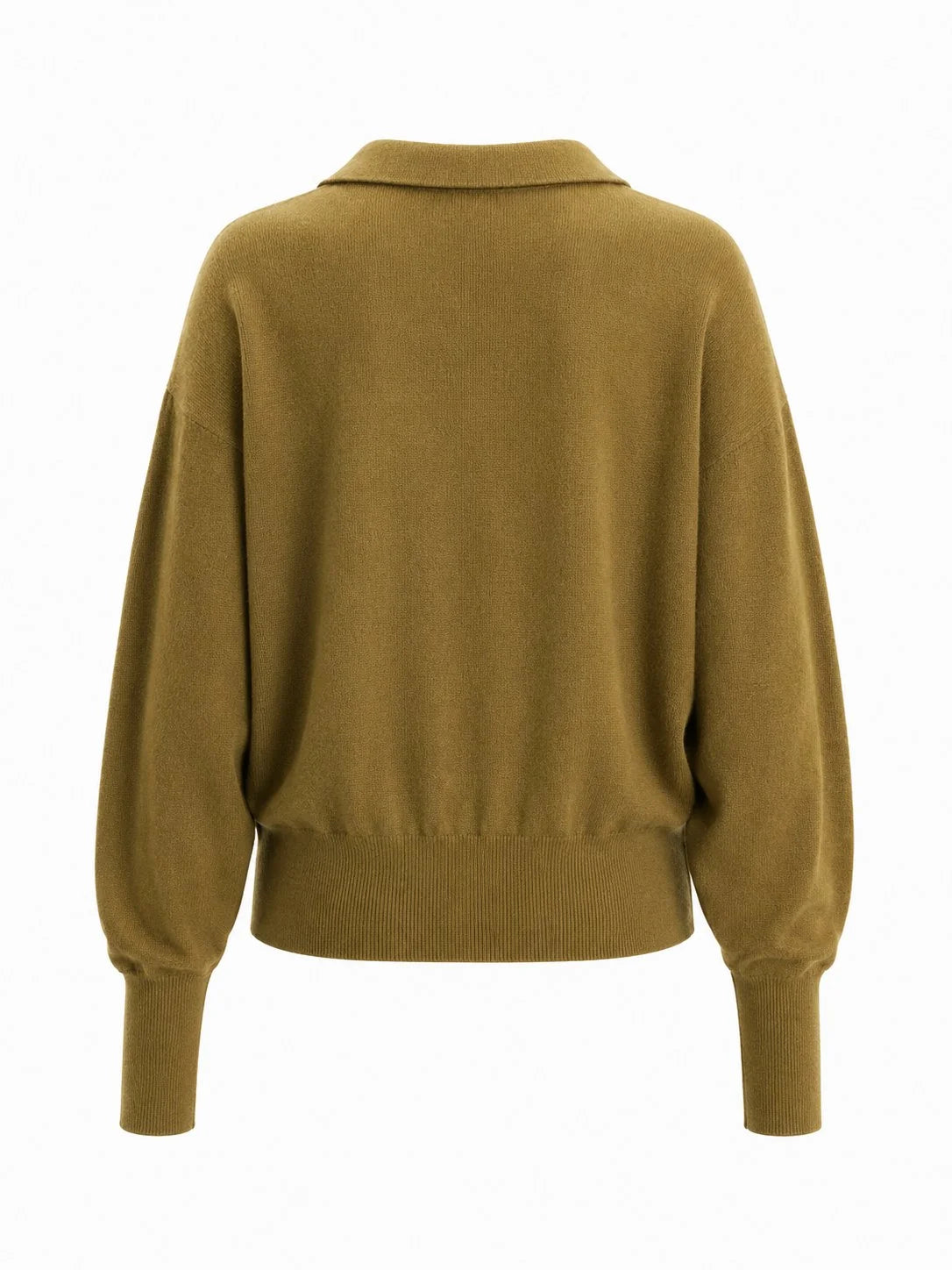 A single knit pullover sweater shown from the back on a plain white studio background. The garment has a muted mustard-olive tone with long sleeves, a wide collar, and ribbed cuffs and hem.