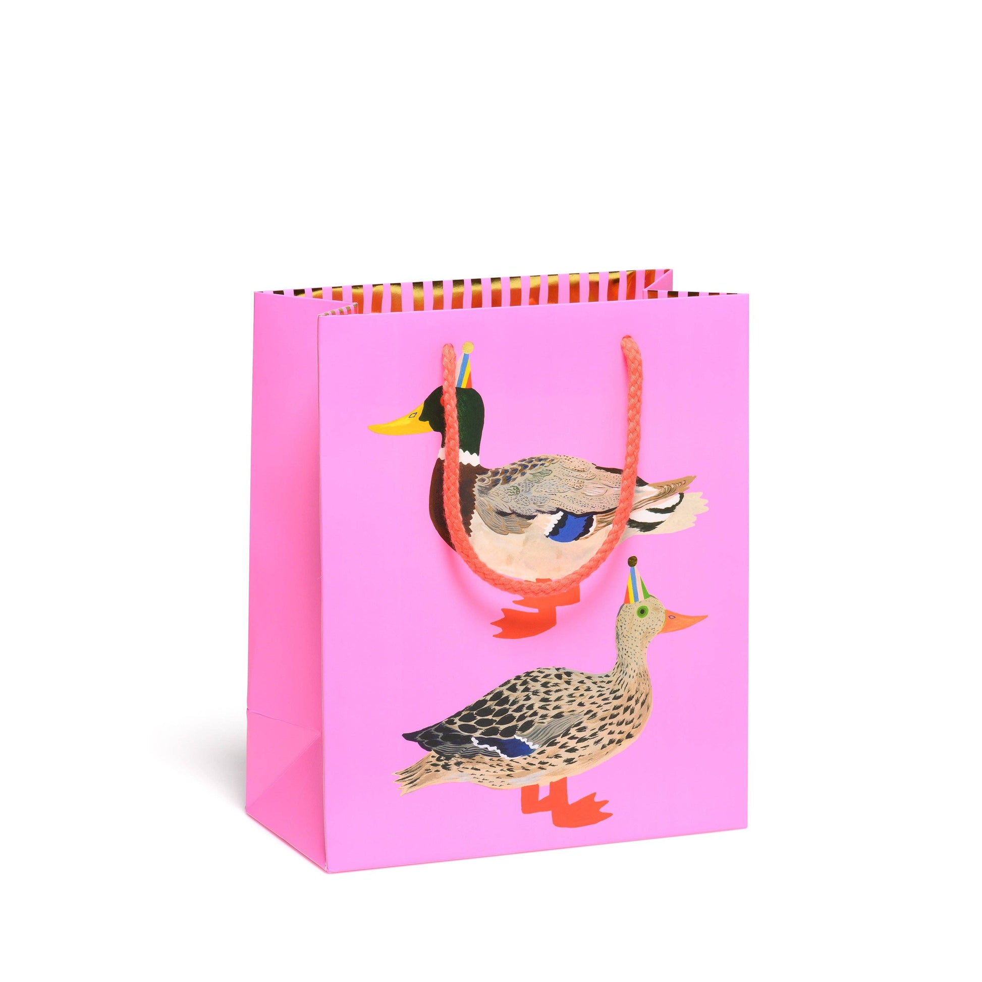 Pink gift bag with duck illustrations on a white background