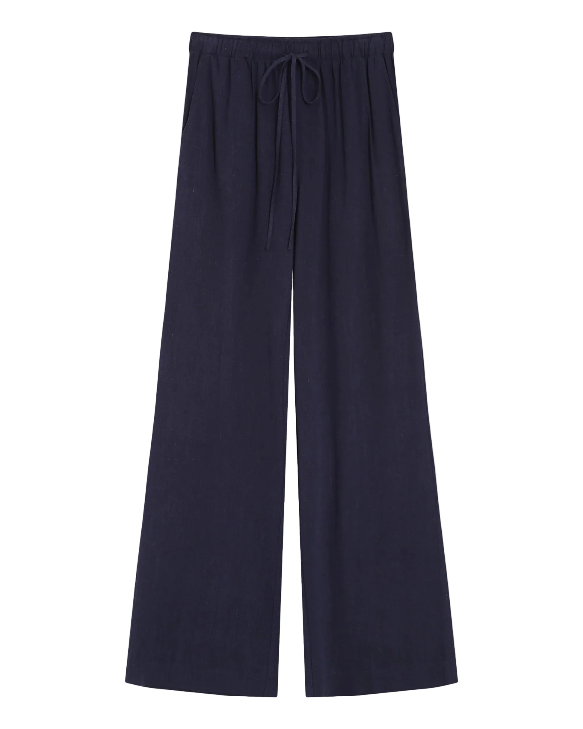 Navy blue wide-leg pants on a white background