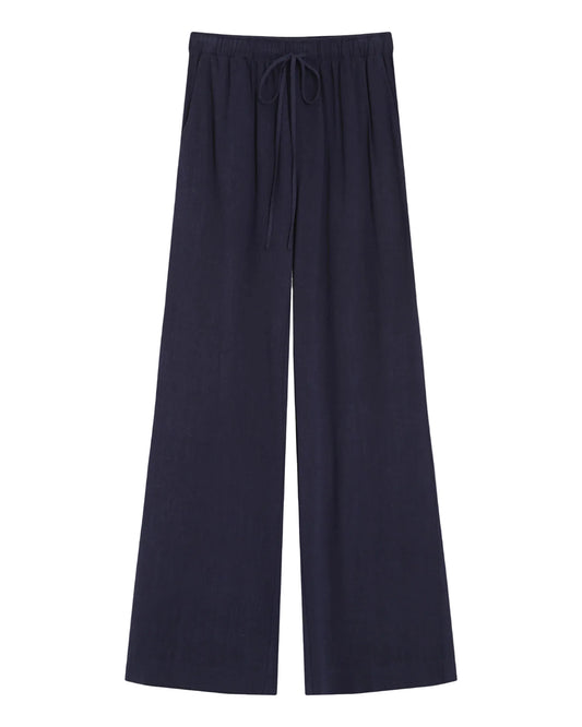 Navy blue wide-leg pants on a white background