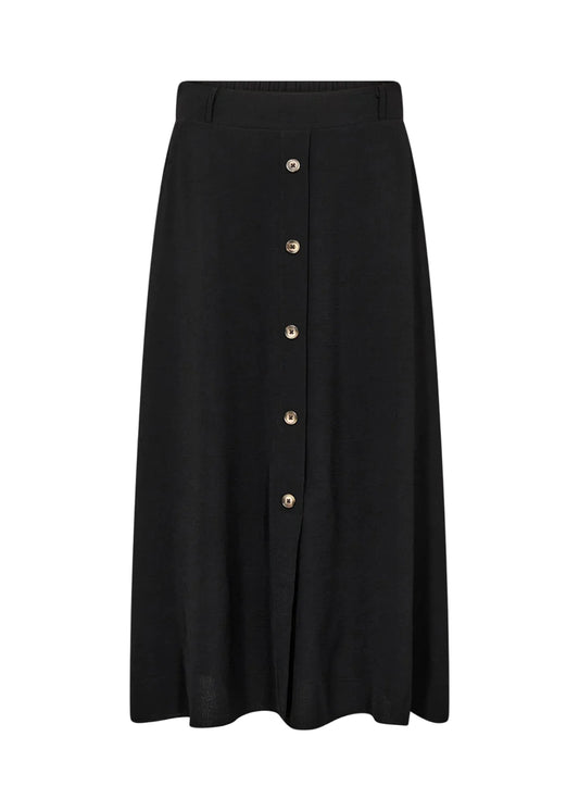 Black skirt with button details on a white background