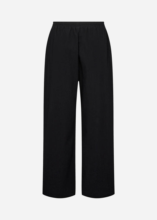 Black wide-leg pants on a light gray background