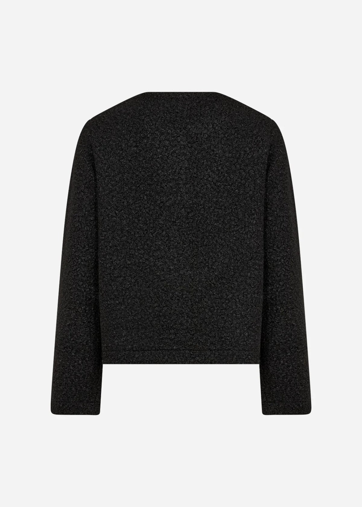 A black textured knit sweater with long sleeves and a crew neck, shown from the back against a light gray background.