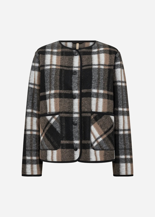 Plaid jacket with black, white, and brown colors on a light gray background