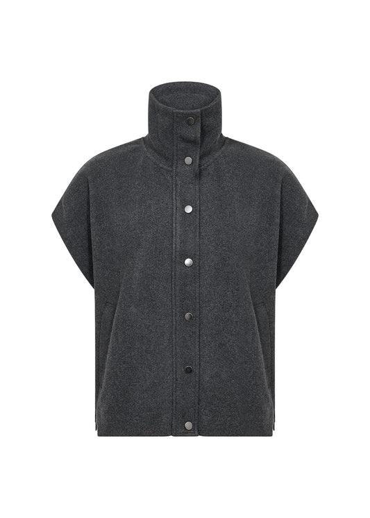 Dark gray sleeveless button-up garment on a white background