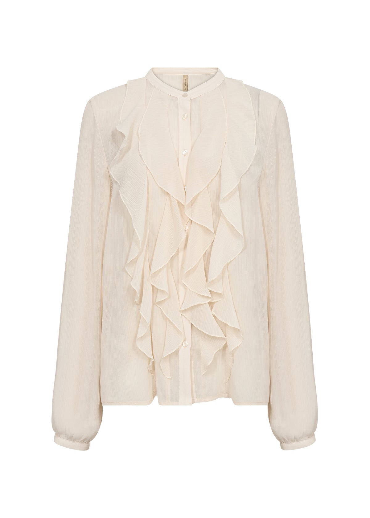 Cream-colored blouse with ruffled details on a white background