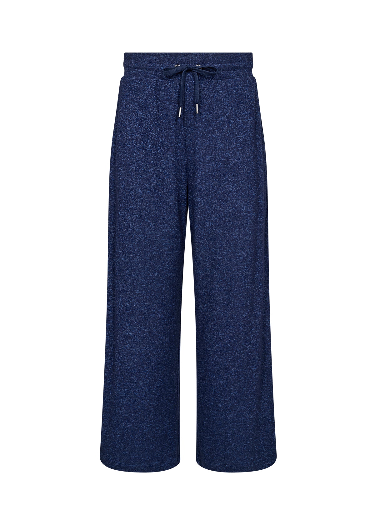 Navy blue wide-leg pants with a tie waist on a white background