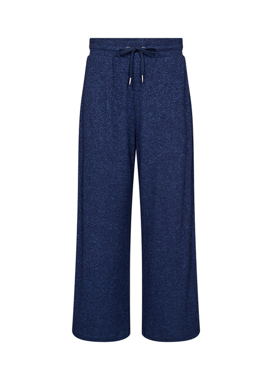 Navy blue wide-leg pants with a tie waist on a white background