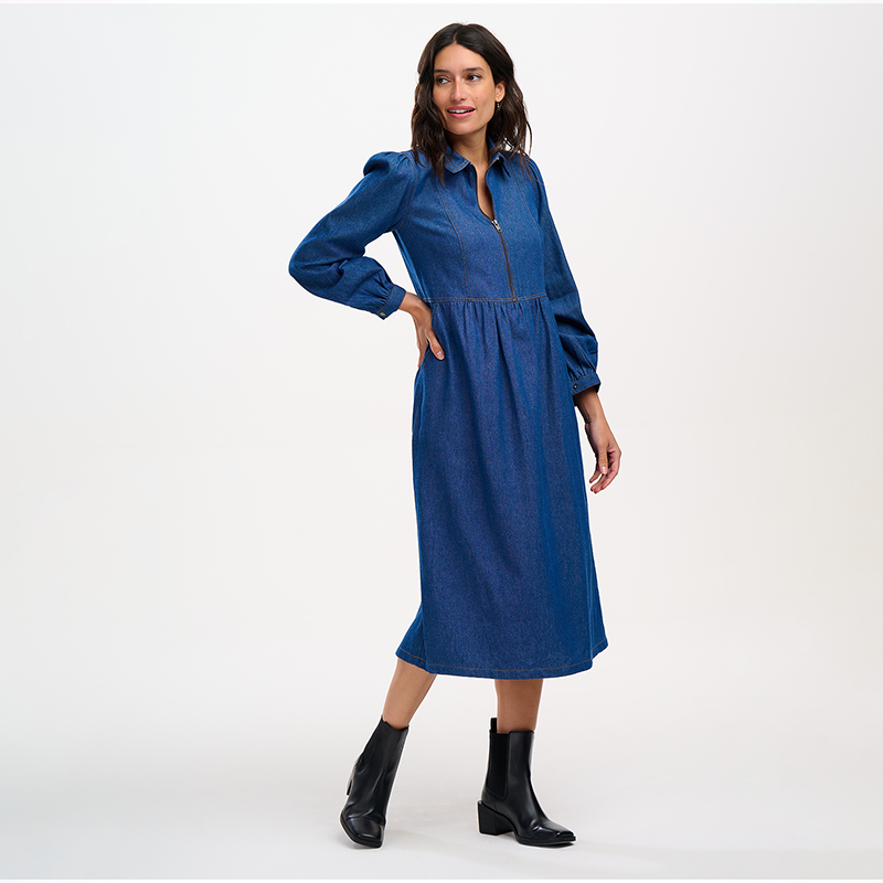 Kirsty Midi Smock Dress - Mid Blue Denim