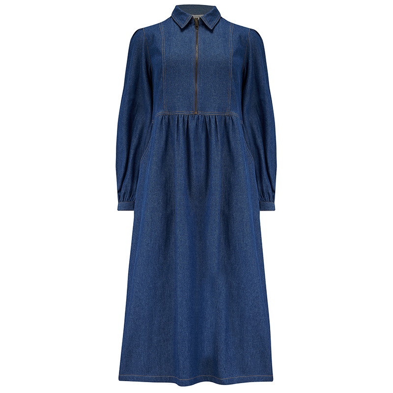 Kirsty Midi Smock Dress - Mid Blue Denim