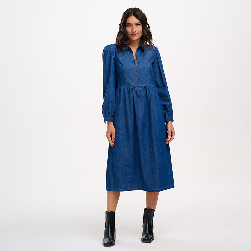 Kirsty Midi Smock Dress - Mid Blue Denim