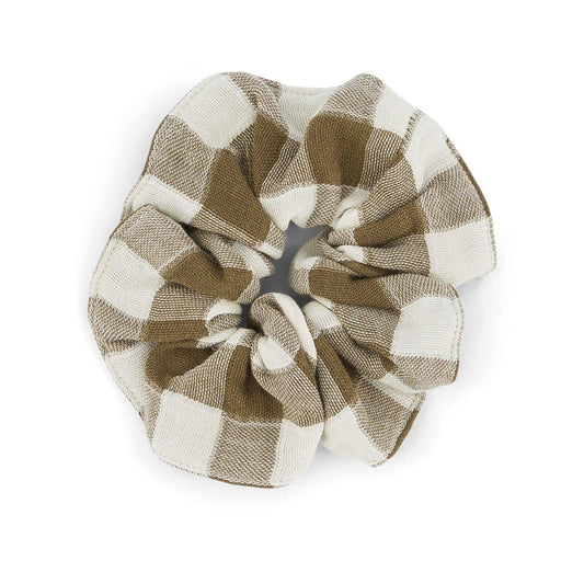 Plaid patterned scrunchie on a white background