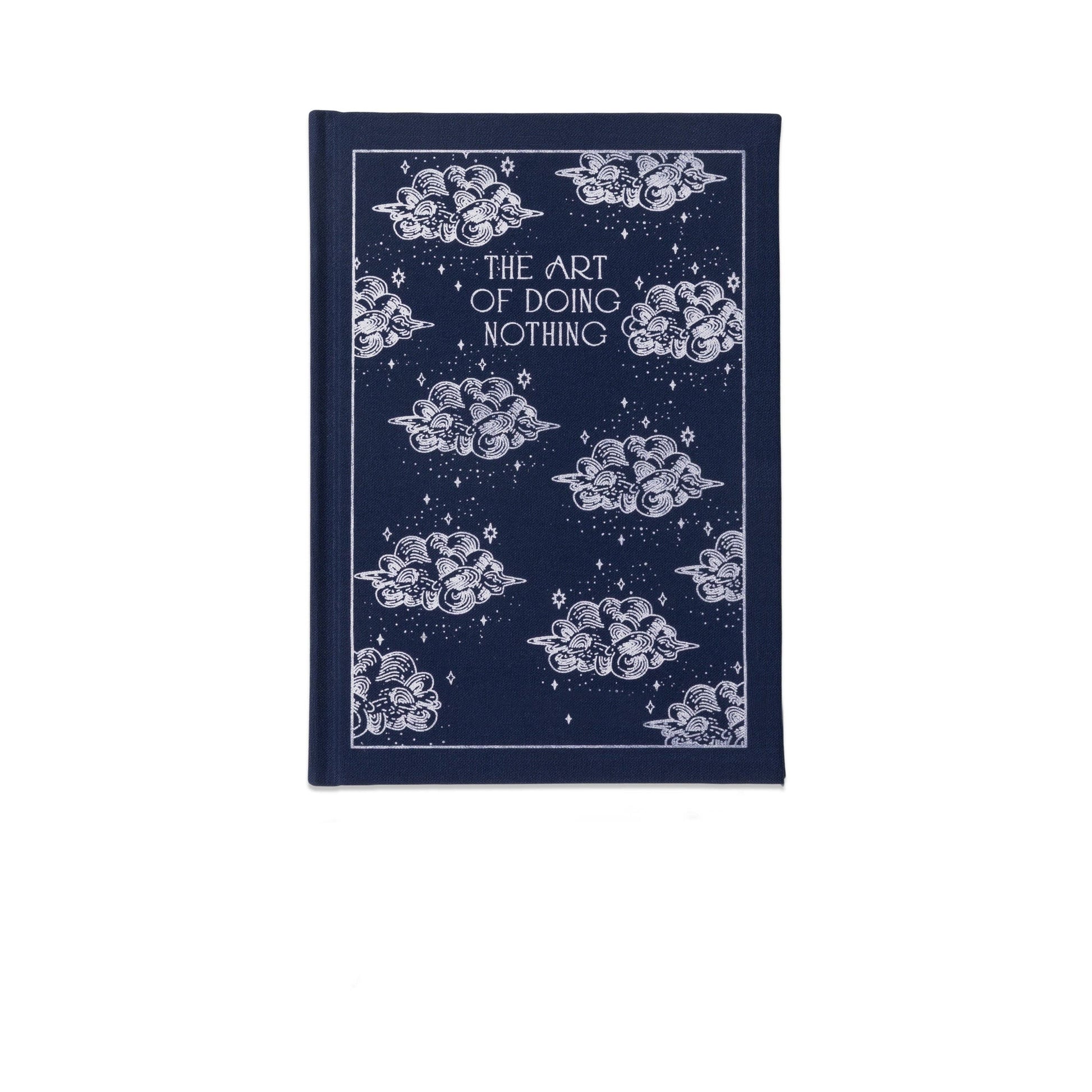 Navy blue book with white cloud illustrations and text on a white background