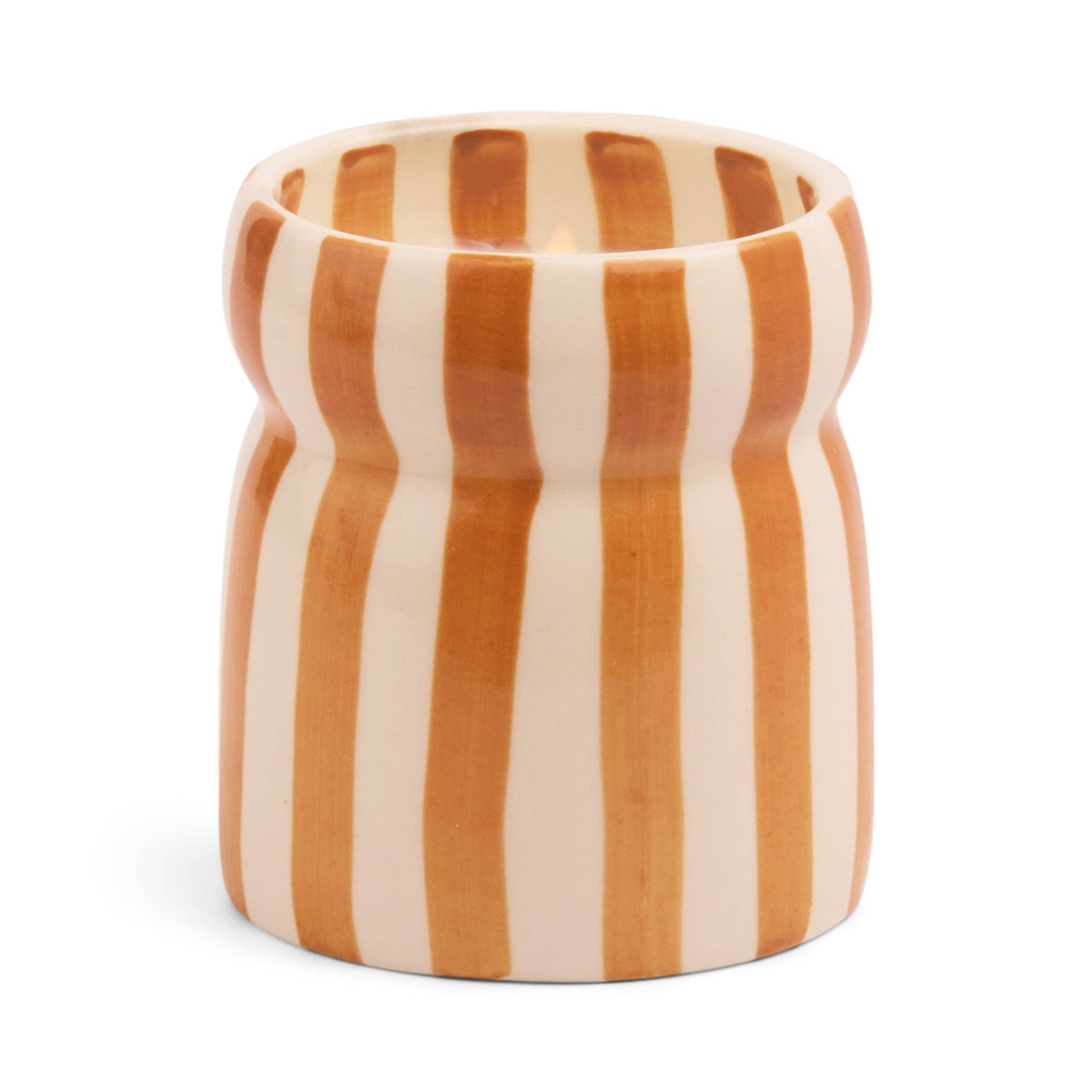 Cylindrical ceramic container with orange and white striped pattern on a white background