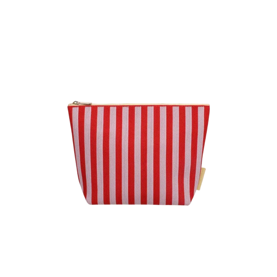 A small zippered pouch with vertical red and white stripes, shown against a plain off-white background.