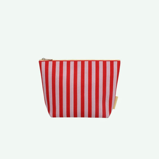 A small zippered pouch with vertical red and white stripes, shown against a plain off-white background.