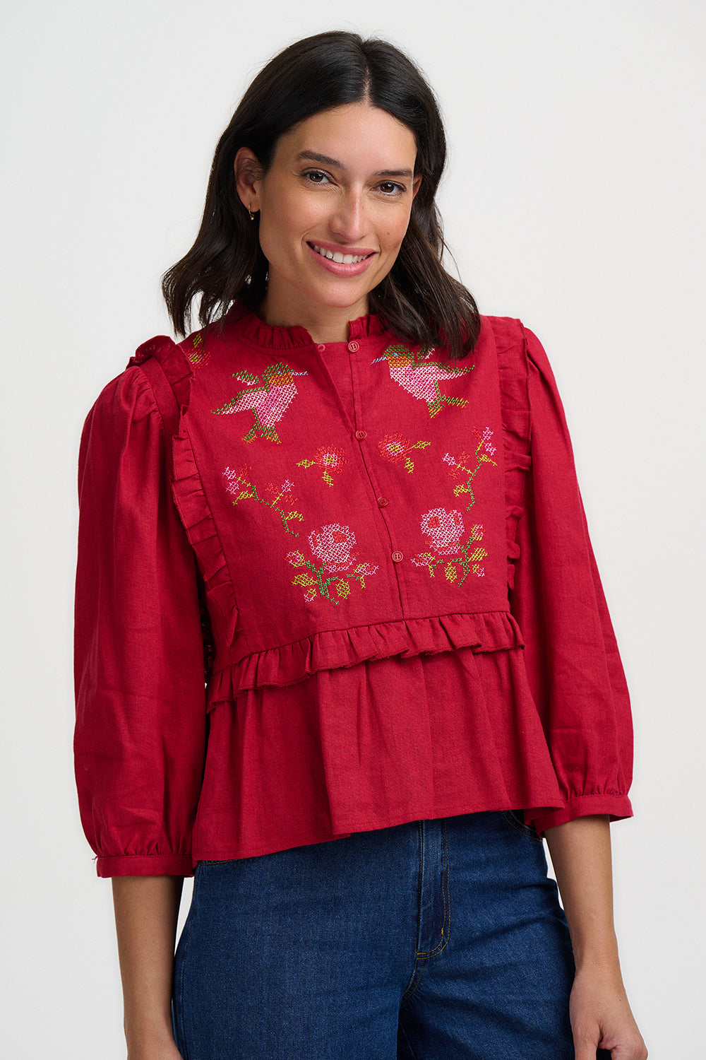 Wilhelmina Frill Blouse - Scarlett, hummingbird