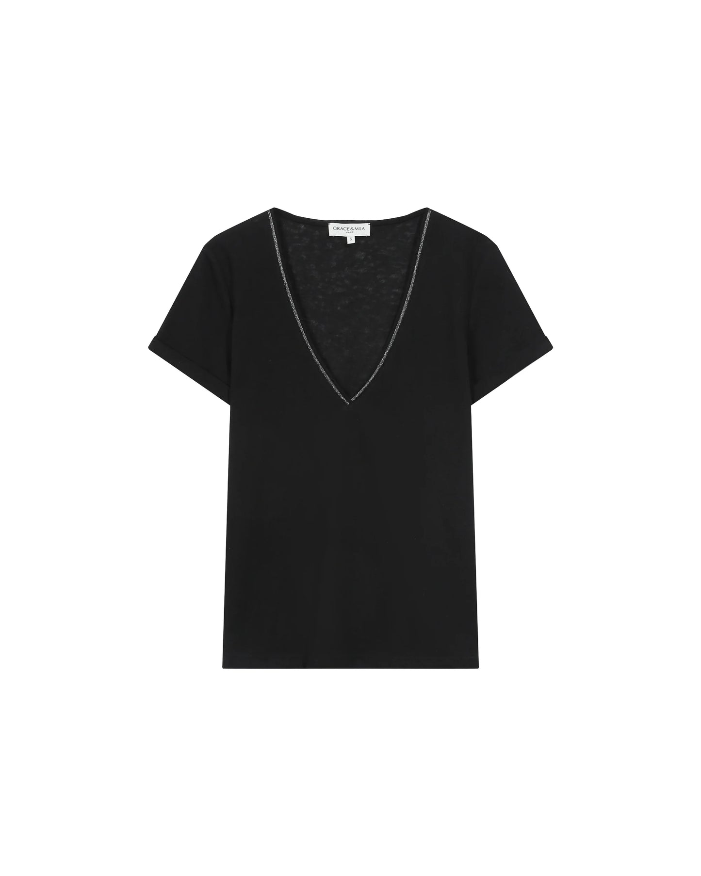 Black V-neck t-shirt on a white background