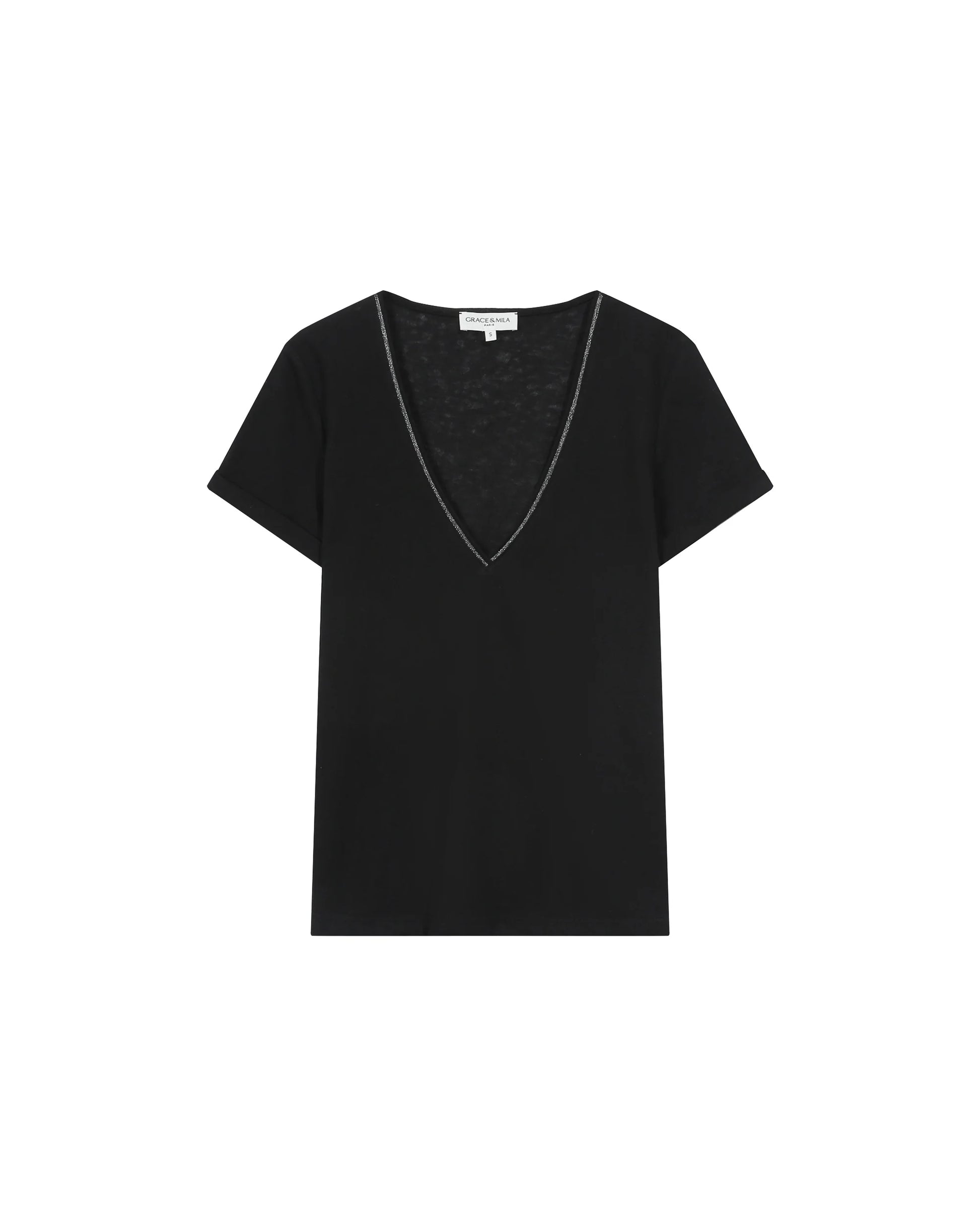 Black V-neck t-shirt on a white background