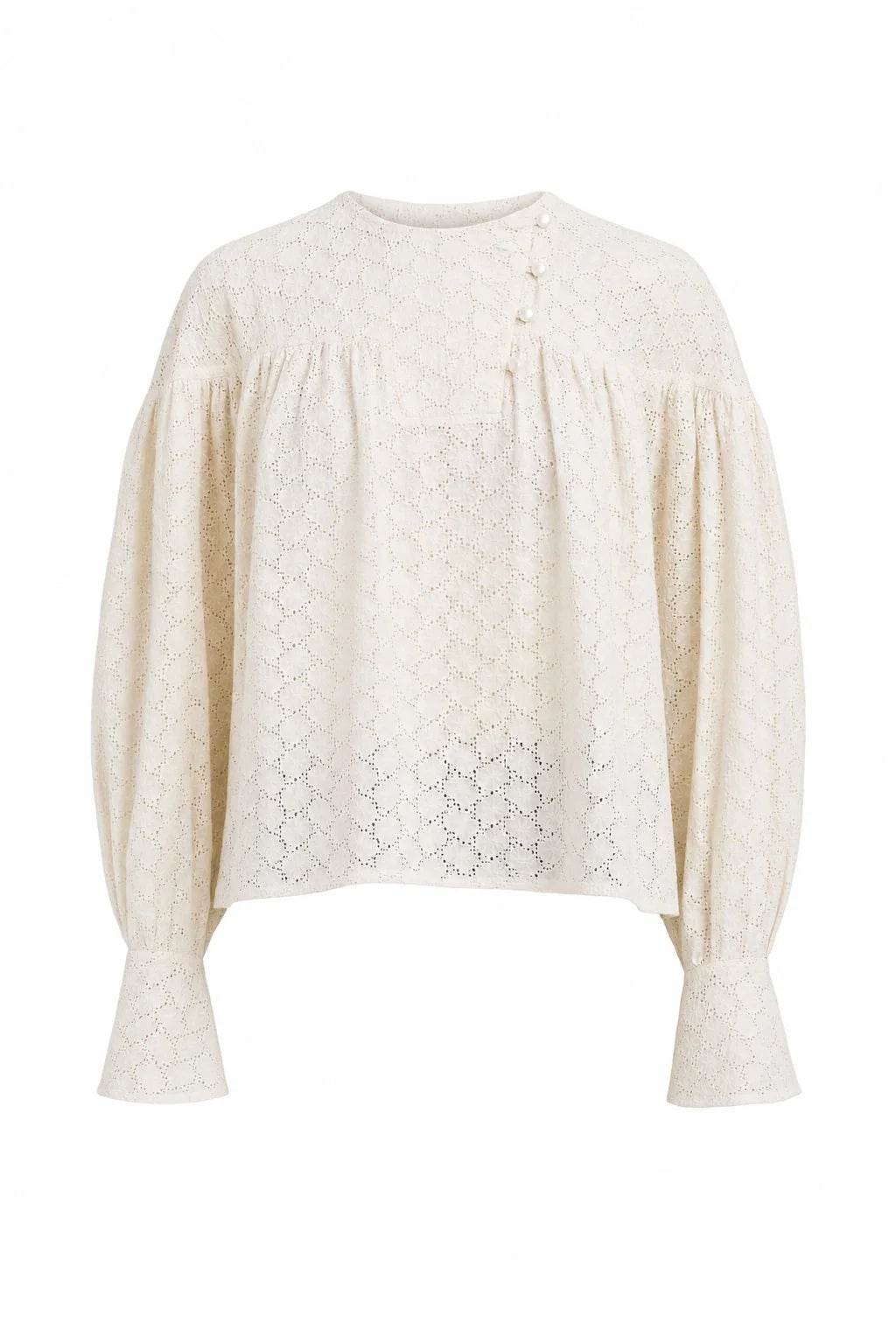 An off-white eyelet lace blouse with long balloon sleeves, a round neckline, and a buttoned chest detail, shown against a plain white background.