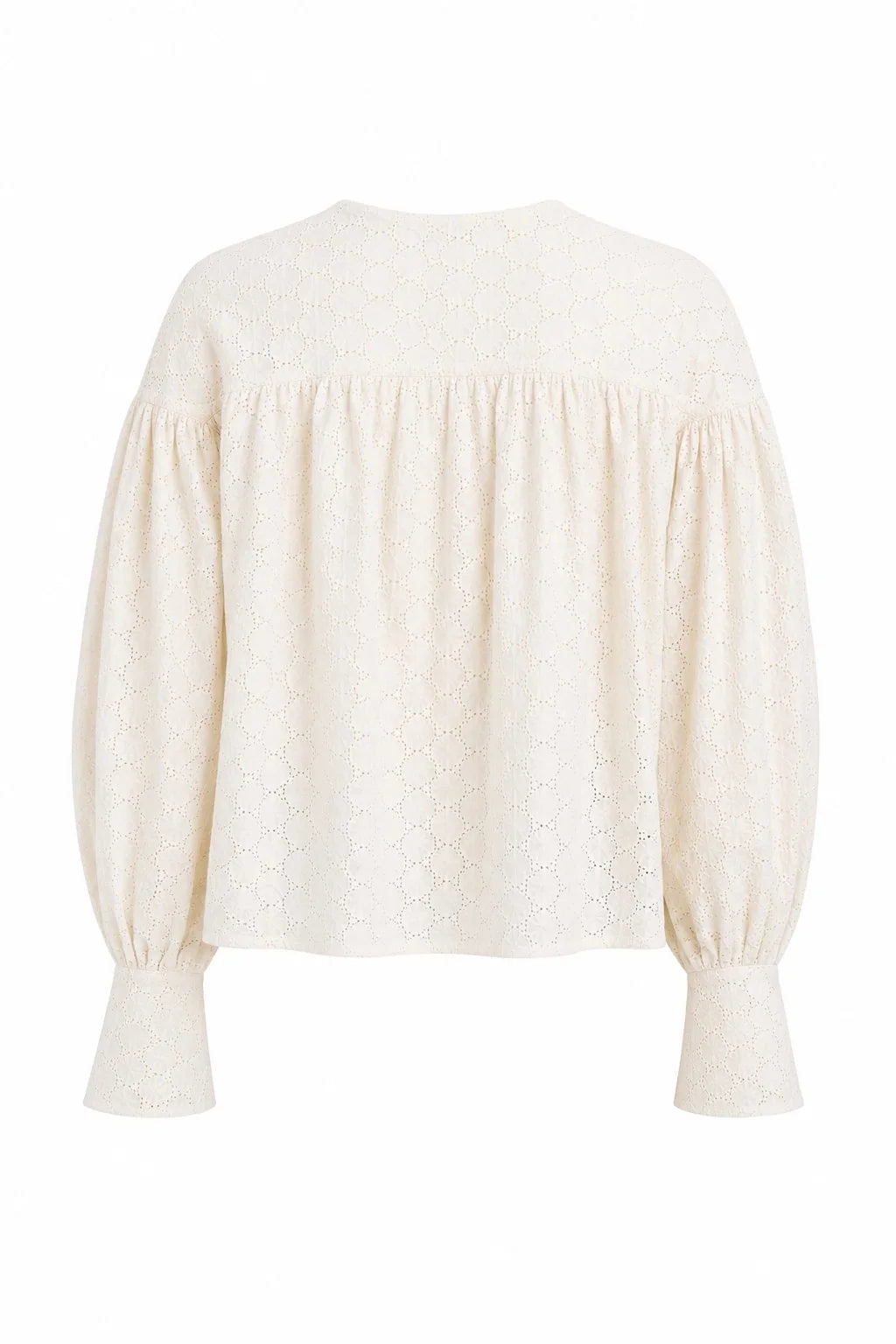 An off-white eyelet lace blouse with long balloon sleeves and a gathered neckline, shown from the back on a plain white background.