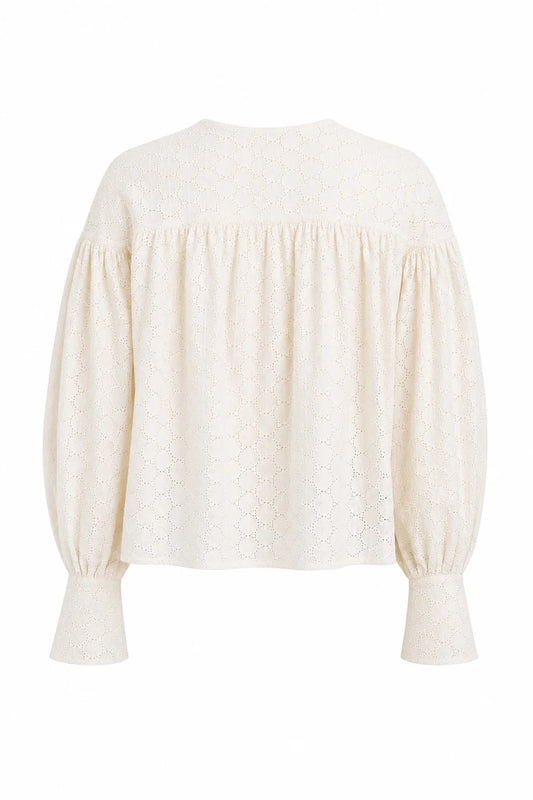 An off-white eyelet lace blouse with long balloon sleeves and a gathered neckline, shown from the back on a plain white background.