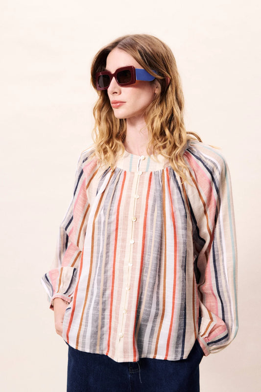 Woman wearing a colorful striped blouse and sunglasses against a plain background
