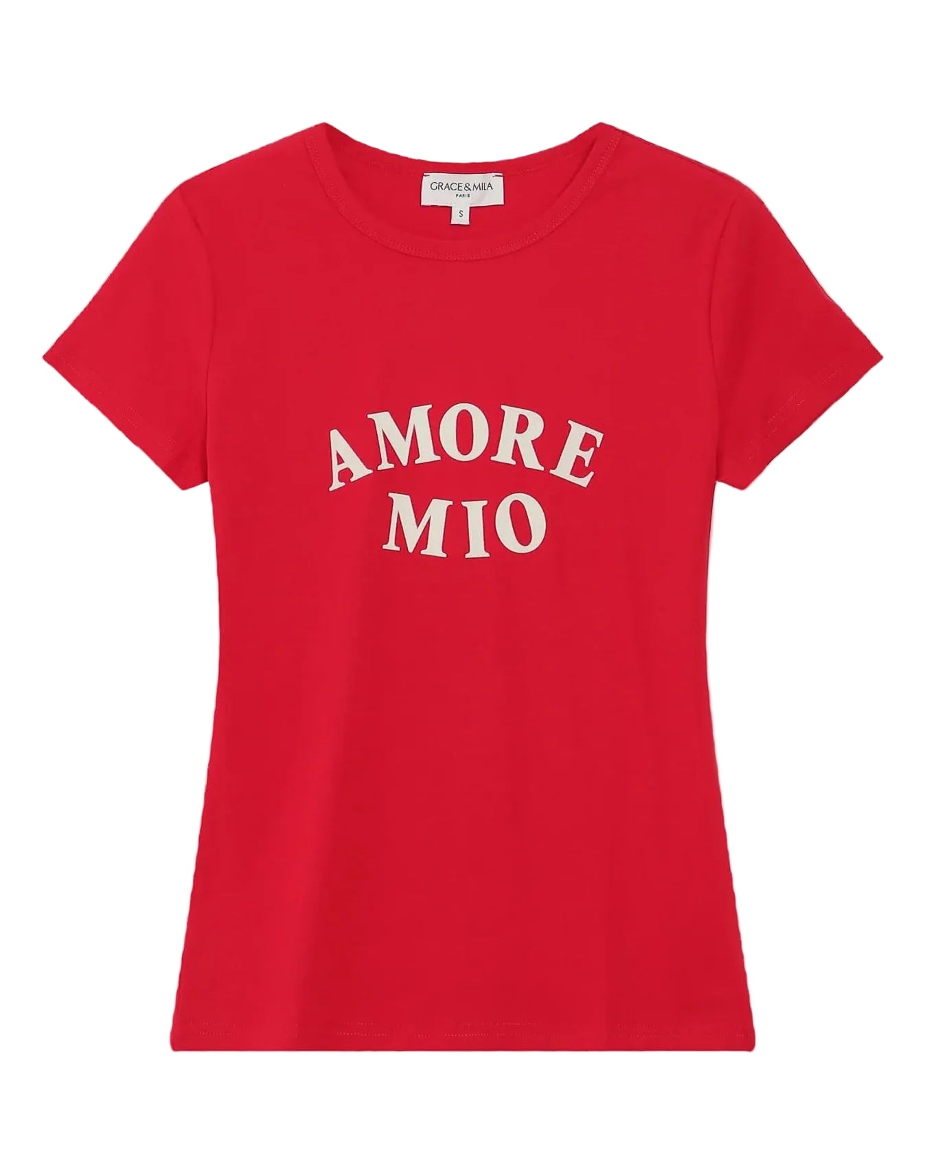 Red t-shirt with 'AMORE MIO' text on a white background