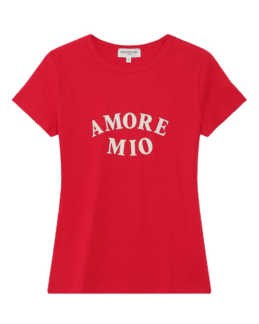 Red t-shirt with 'AMORE MIO' text on a white background