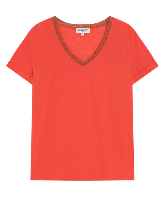 Red t-shirt with brown trim on a white background