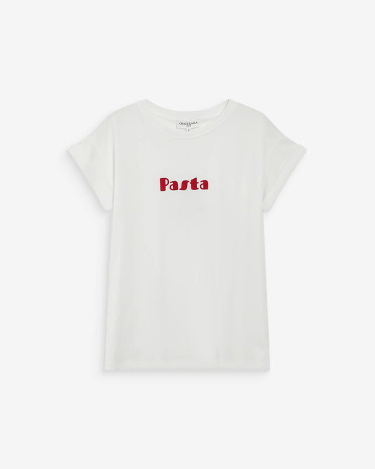 White t-shirt with 'Pasta' printed in red on a white background