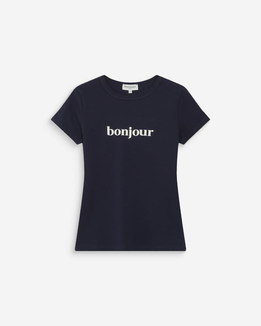 Navy blue t-shirt with 'bonjour' text on a white background