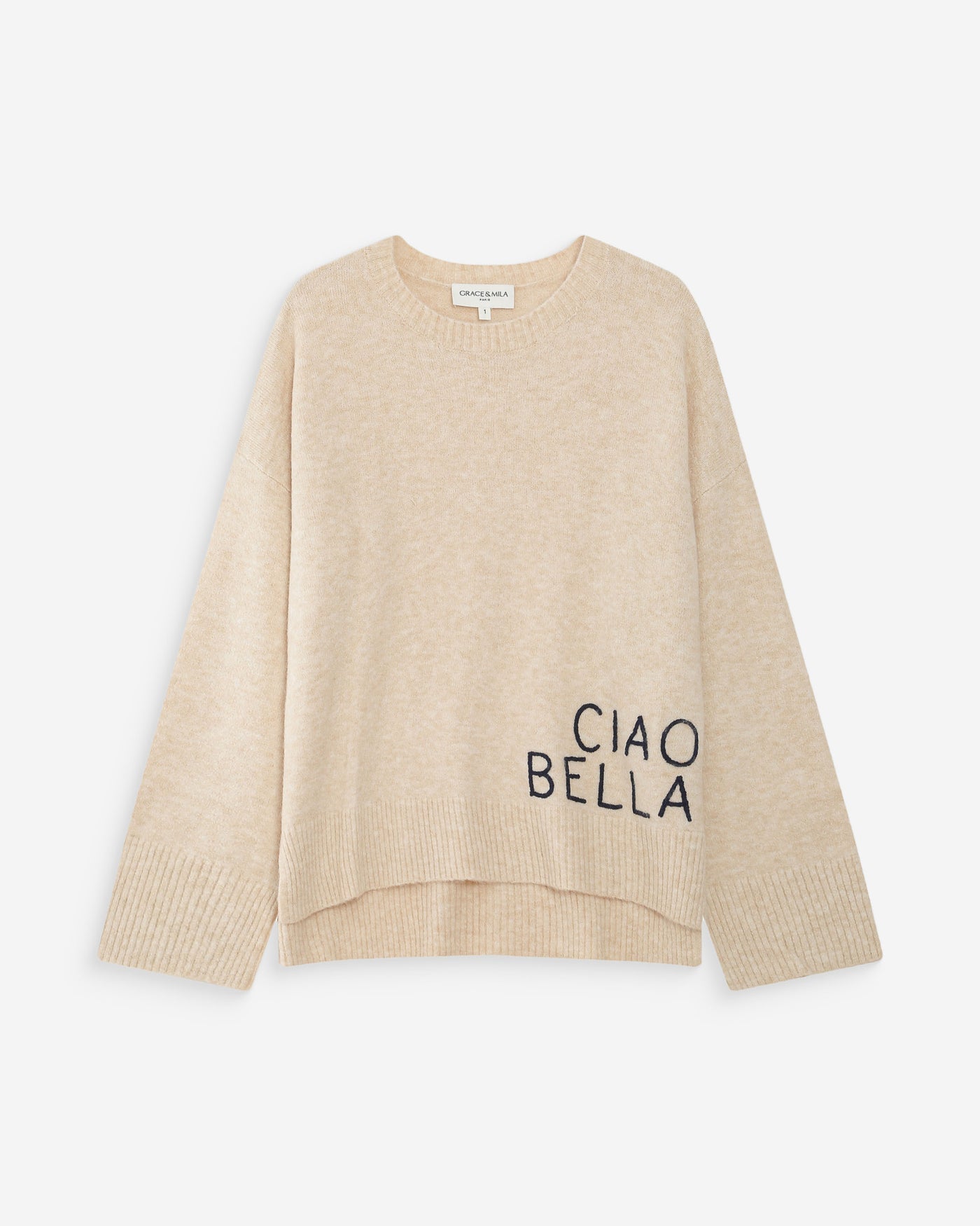 Beige sweater with 'CIAO BELLA' text on a white background