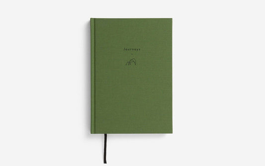 Green notebook with a brand logo on a white background