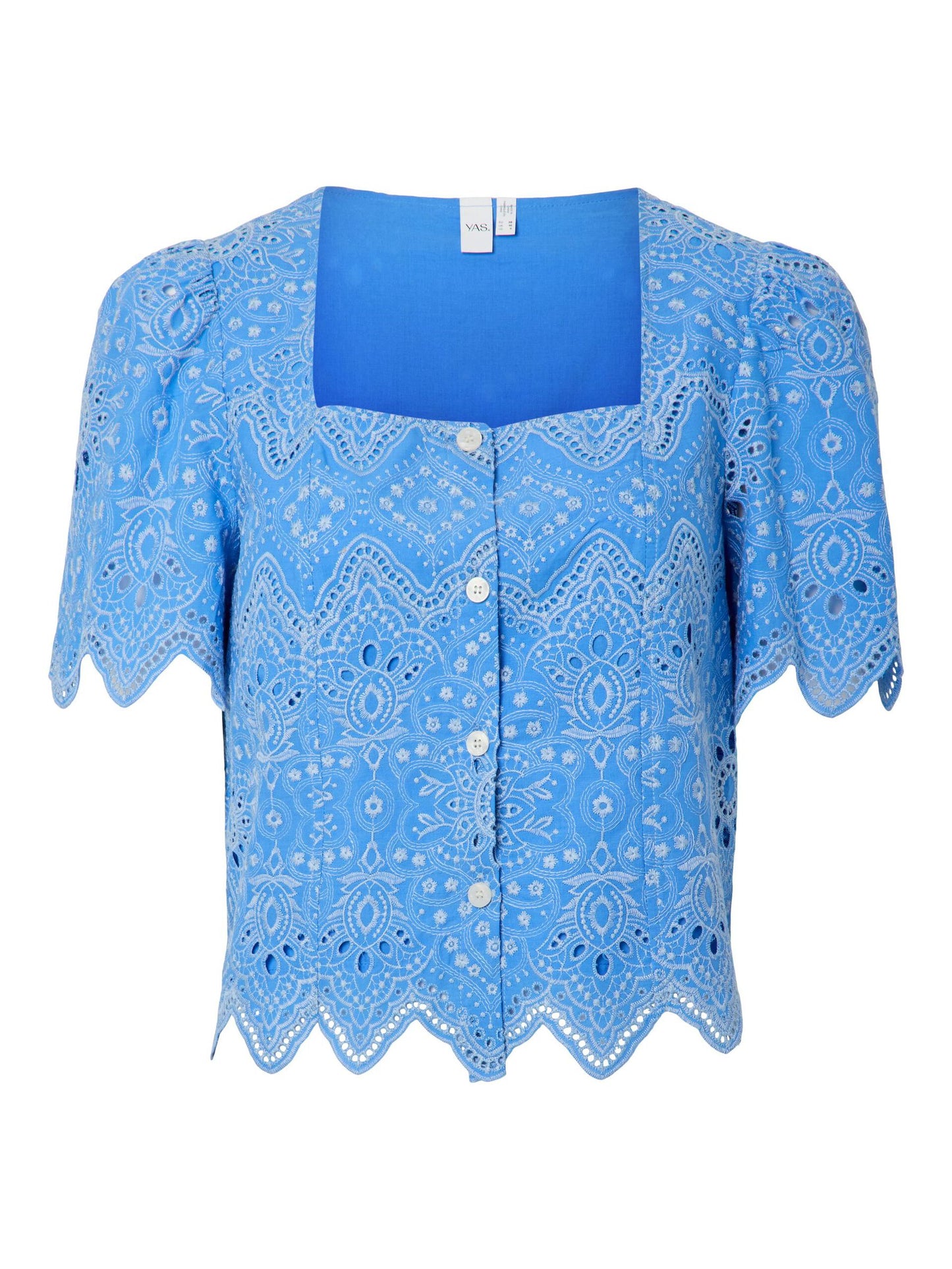 Blue lace blouse on a white background